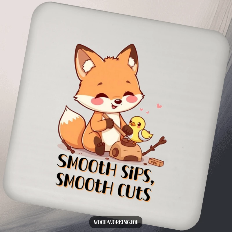 Funny smiling fox carving a wooden bird depicted on a drink coaster, adding artistic charm and humorous protection to any surface.