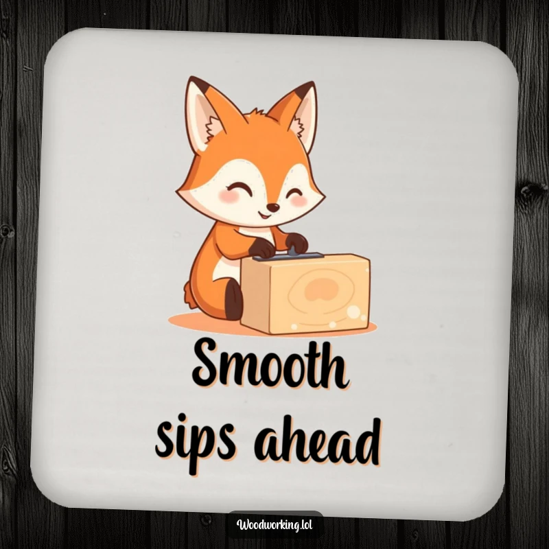 Funny cute fox sanding wood on a drink coaster, protecting surfaces with crafty woodworking humor, a cute funny gift.