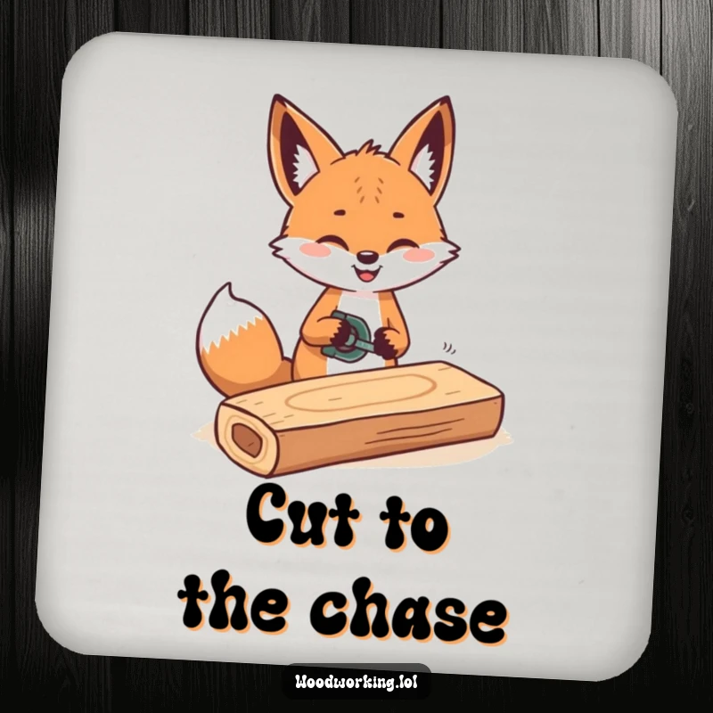Funny drink coaster featuring a cheerful fox sawing wood with rhythmic movements, designed for humor.