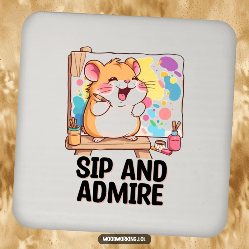 Funny hamster drink coaster showing a giggling hamster painting a vibrant mural on a wooden board, adding artistic flair.