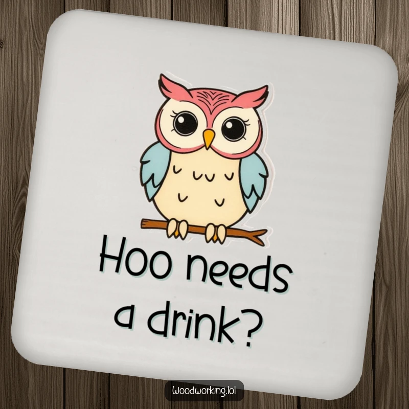 Funny Owl Coaster: A focused owl gluing wood, adding humorous protection to coffee tables and desks.