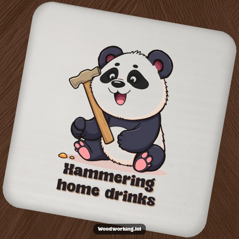 Funny panda carpenter drink coaster, playfully hammering a nail with a large hammer, protecting surfaces with humor.