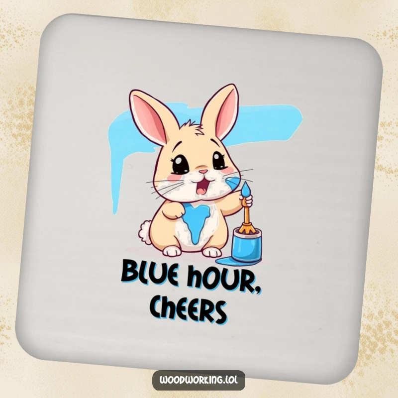 Funny rabbit coaster showing a surprised bunny covered in blue paint, protecting surfaces with artistic humor.