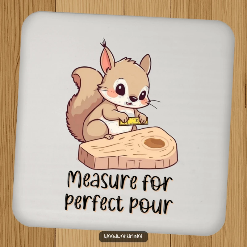 Funny squirrel measurer drink coaster, curiously measuring wood with a tape measure, protecting surfaces with humor.