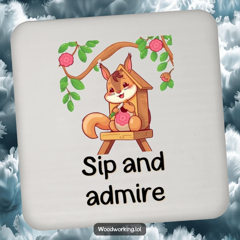 Funny squirrel painting a birdhouse on a vibrant drink coaster, protects furniture.
