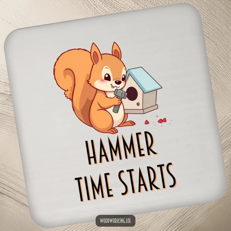 Funny determined squirrel hammering nails into a tiny birdhouse, a humorous drink coaster.