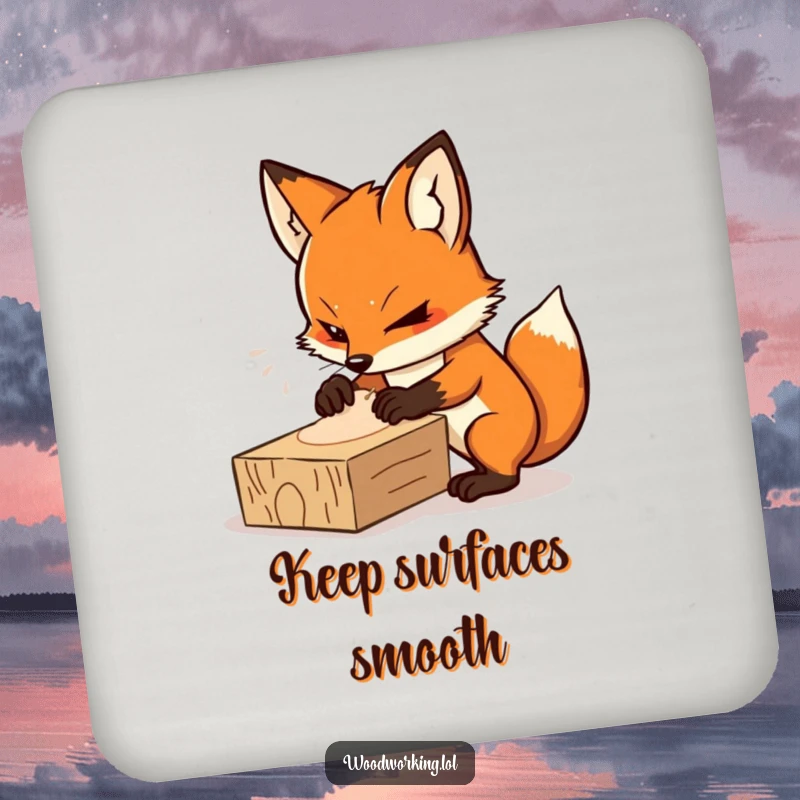 Funny drink coaster featuring a determined fox intensely sanding a wooden plank, a humorous surface protector.