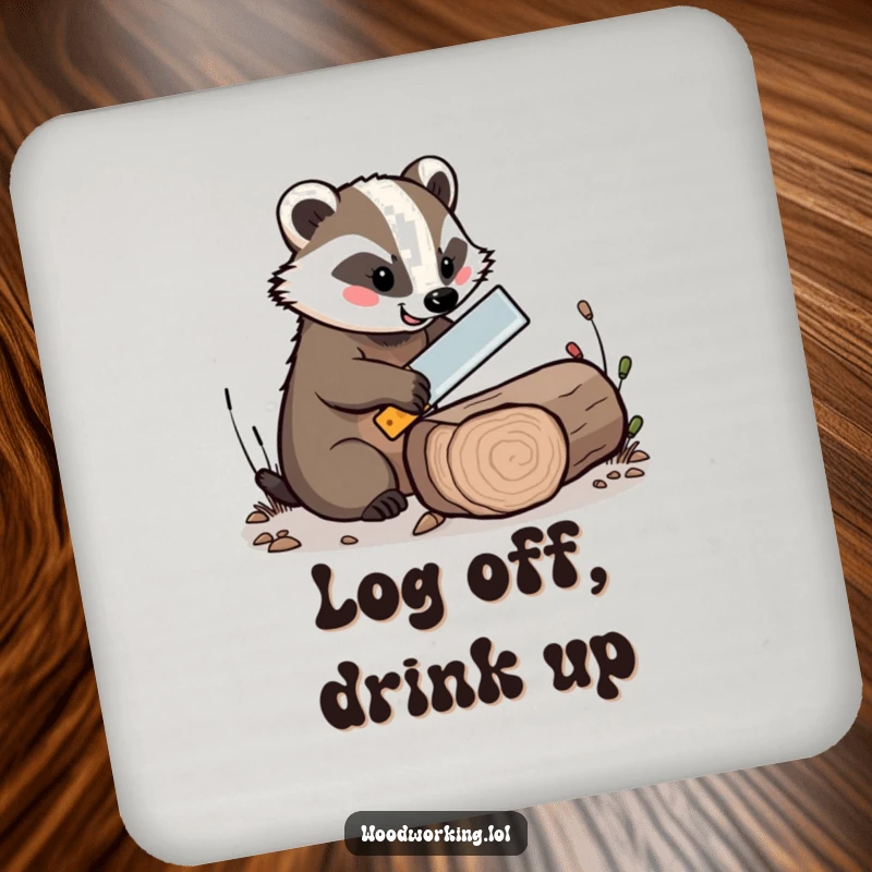 Funny drink coaster with a cheerful badger expertly sawing a log with a tiny saw, a humorous protector.