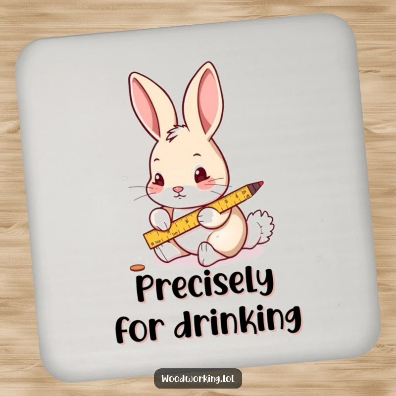 Funny drink coaster featuring a curious rabbit carefully measuring wood with a ruler and pencil, designed for humor.