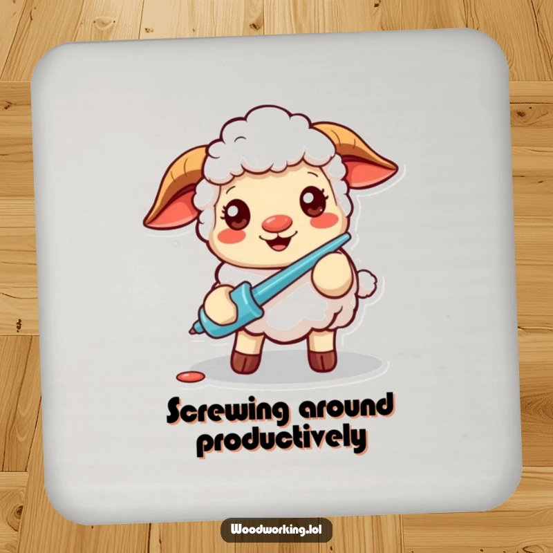 Funny drink coaster with a cheerful sheep using a screwdriver, adding a humorous and protective element to coffee tables and bars.