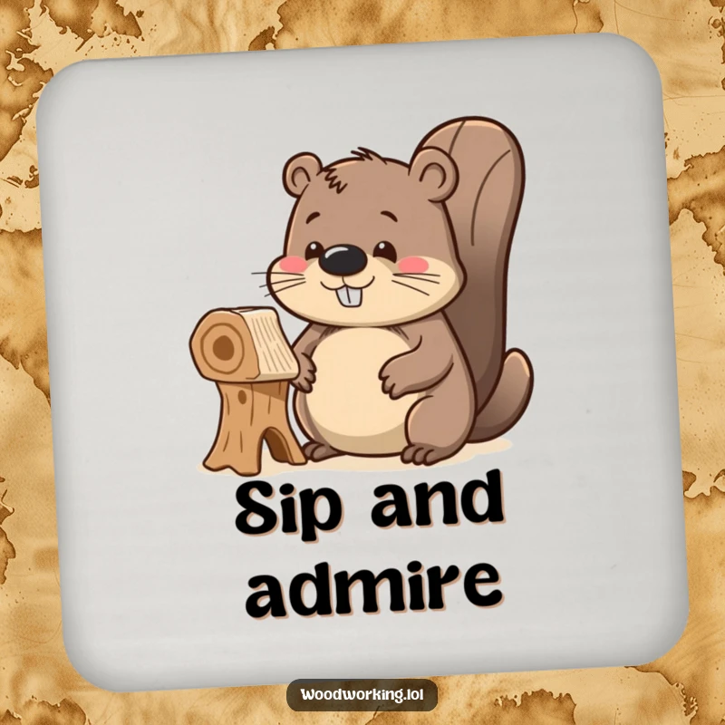 Funny delighted beaver drink coaster, proudly admiring its unfinished wooden creation, adding creative pride and surface protection.