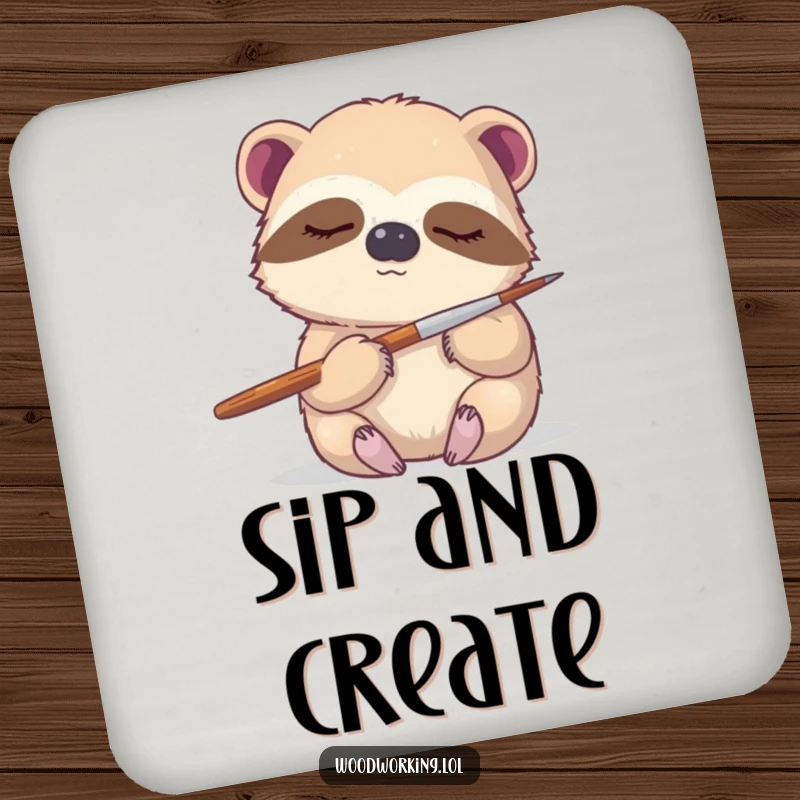 Funny sloth coaster, a sleepy sloth gently holding a paintbrush, protecting surfaces with a touch of artistic finesse.