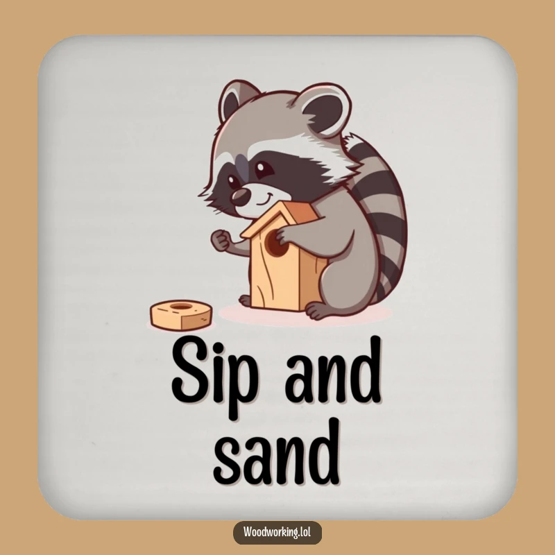 Funny Raccoon Sanding Birdhouse Coaster: Curious Carpenter Protection for Your Surfaces