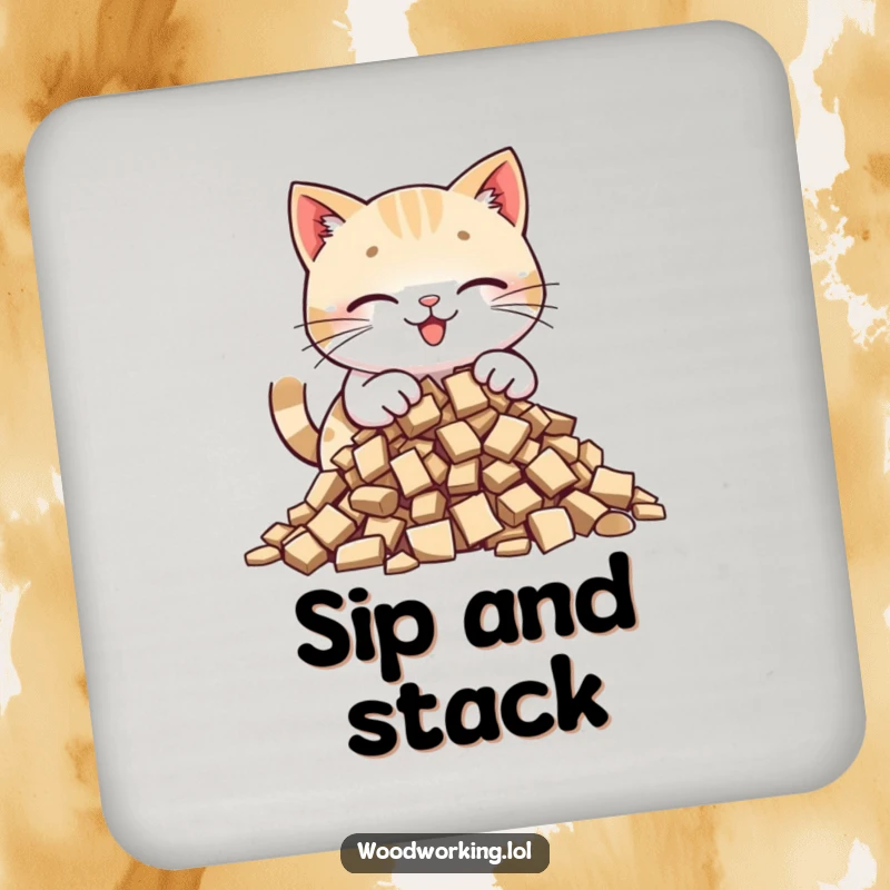 Funny cat drink coaster showing a happy cat carefully placing wood chips into a pile, adding crafting flair.