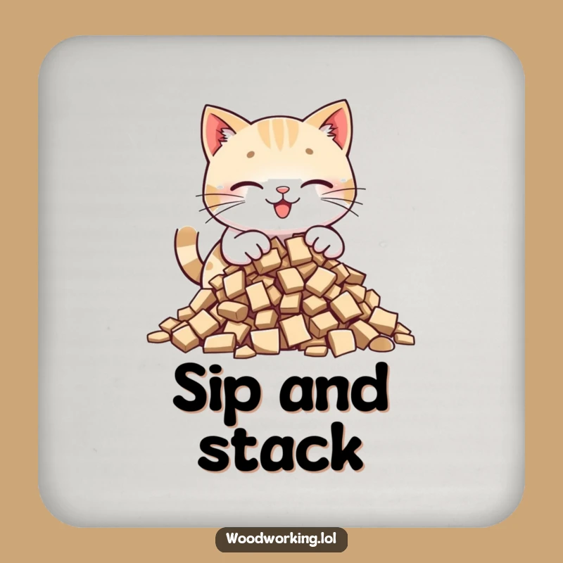 Funny Cat Wood Collector Drink Coaster: Protect Surfaces with Piling Cat Art