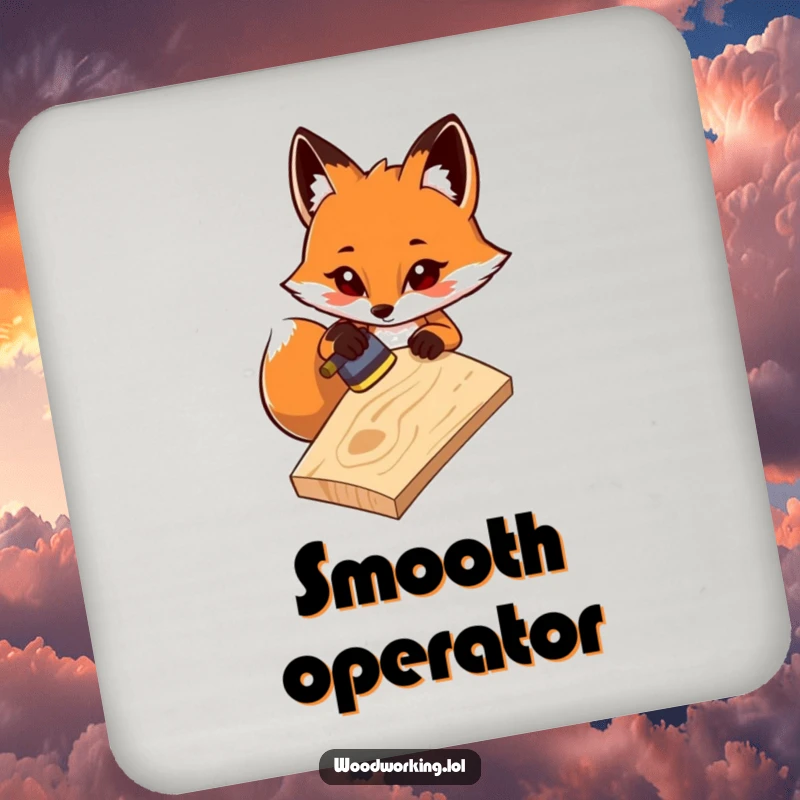 Funny coaster: A determined fox sands wood with care, adding charming woodworking humor to protect surfaces, ideal for gifts.