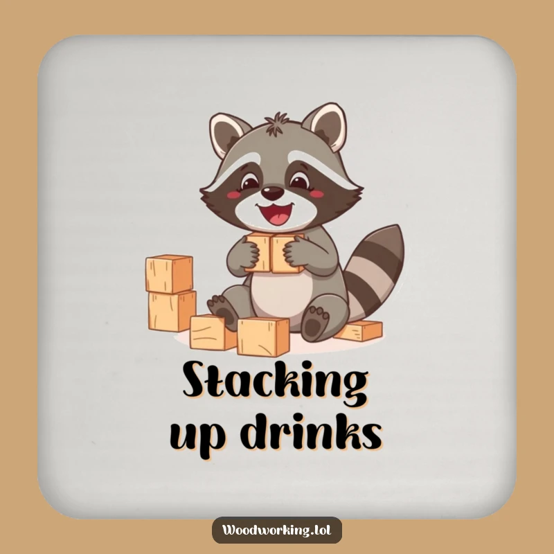 Funny Raccoon Blocks Coaster: Protect surfaces with playful building, a perfect funny gift.