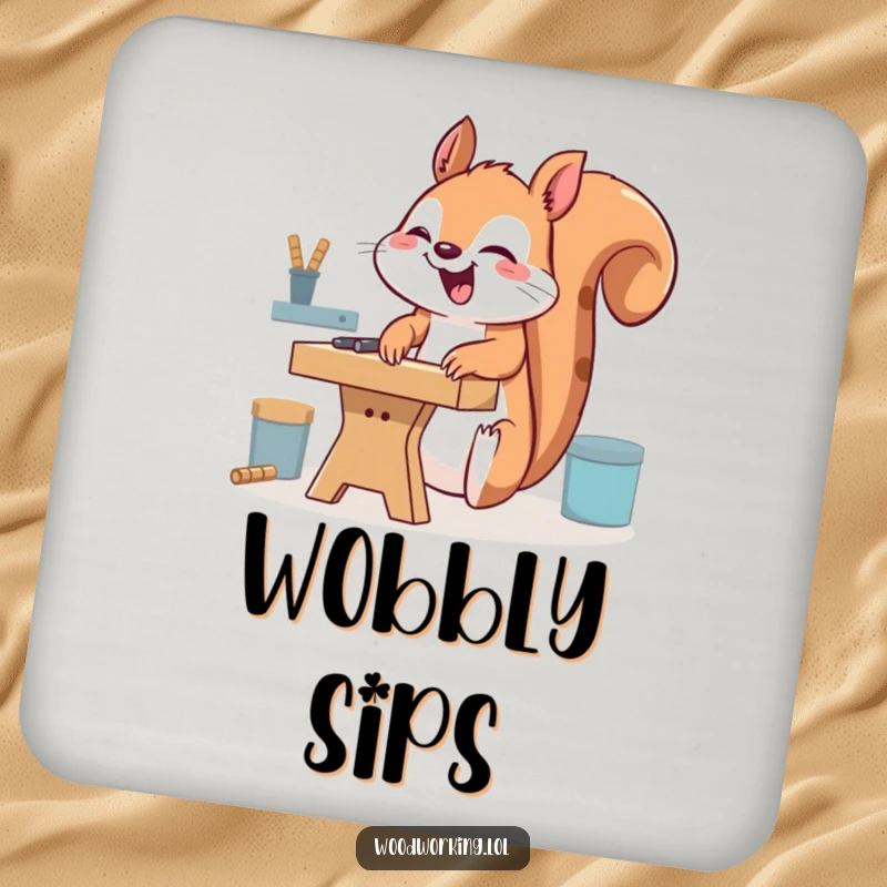 Funny giggling squirrel drink coaster, humorously using a workbench upside down, adding playful chaos and surface protection.