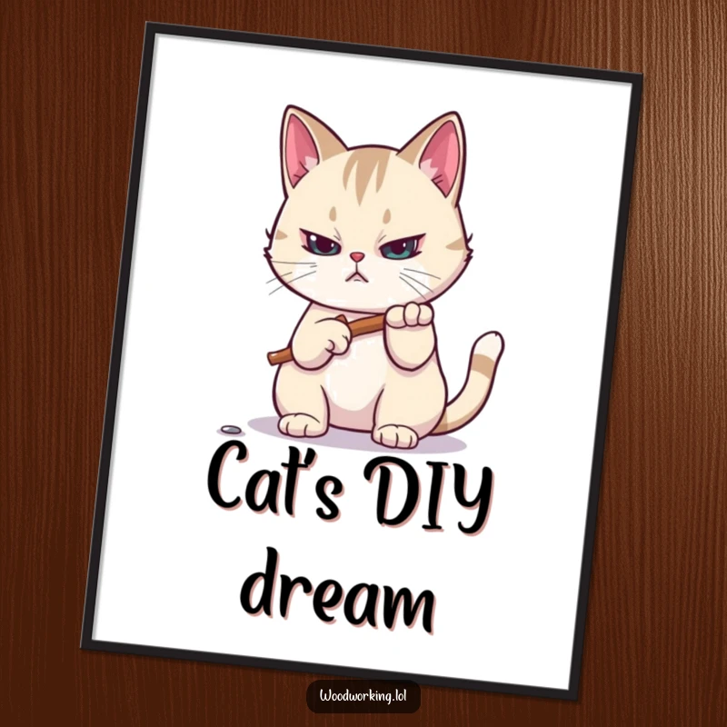 Funny poster: A focused cat hammers a tiny nail with intense concentration, showcasing feline DIY skills and humorous artistry for wall decor.