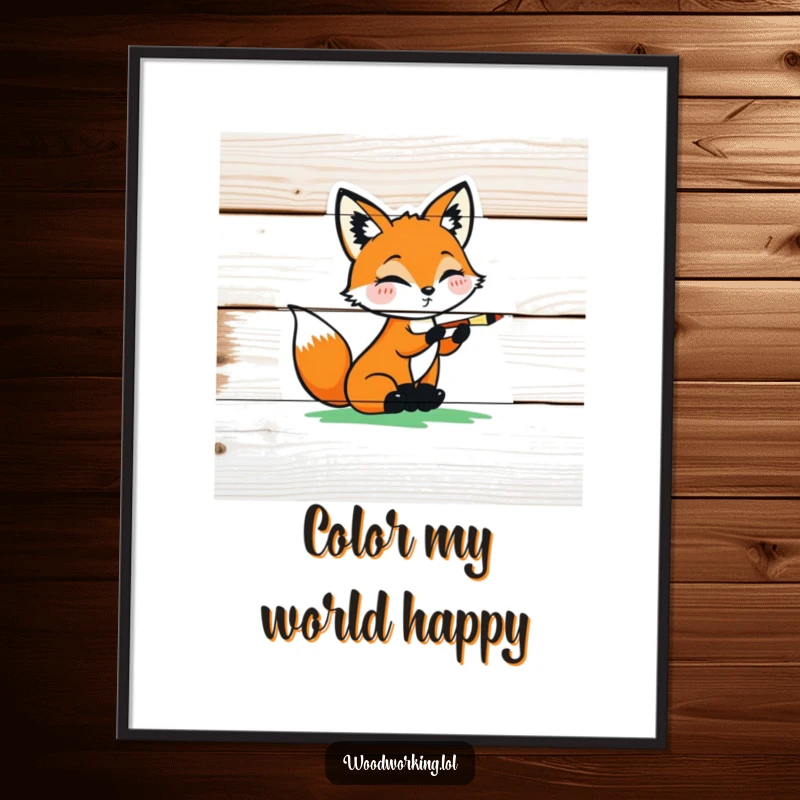 Funny playful fox carefully painting a colorful design on a wooden plank, ideal for wall art.