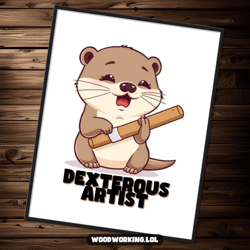 Funny otter poster, giggling expression, using a chisel with surprising dexterity, a humorous and inspiring depiction of artistry.