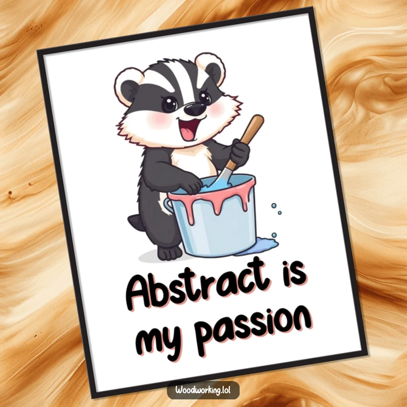 Funny badger vigorously stirring paint in a bucket, presented as vibrant poster art, evoking artistic energy and humorous creativity.