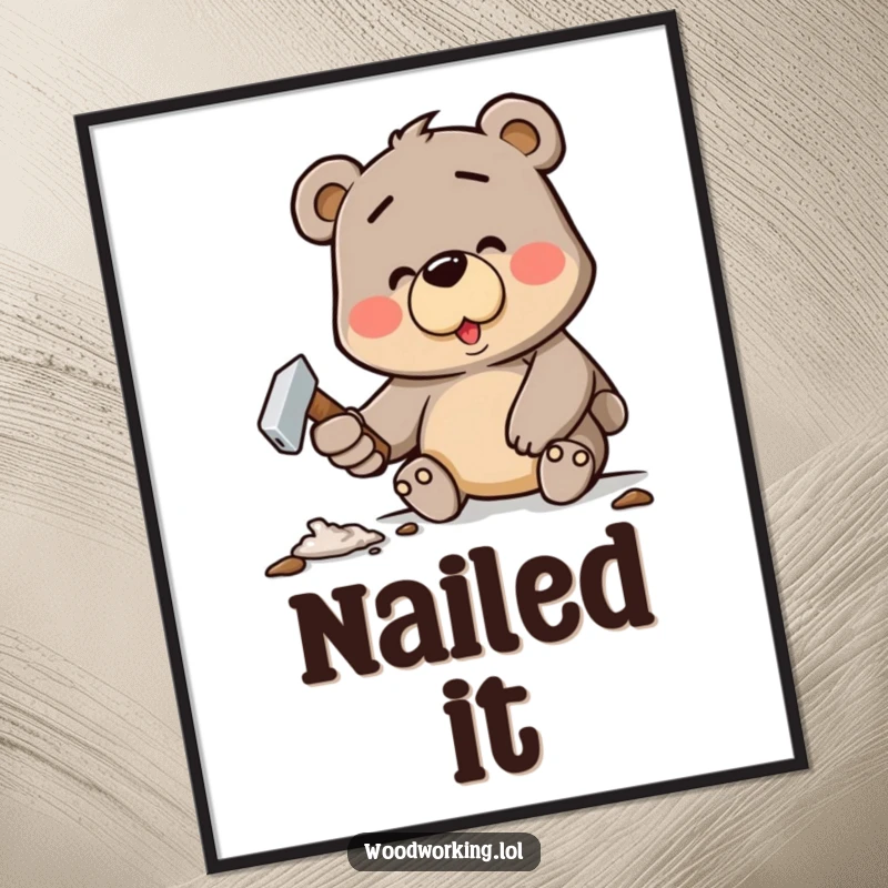Funny poster featuring a determined cartoon bear gleefully hammering a crooked nail, humor in DIY projects.