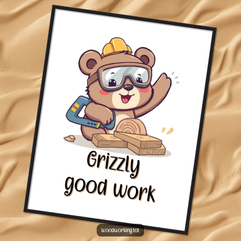 Funny happy bear wearing safety goggles, sawing wood, woodworking theme, humorous wall art, great funny gift.