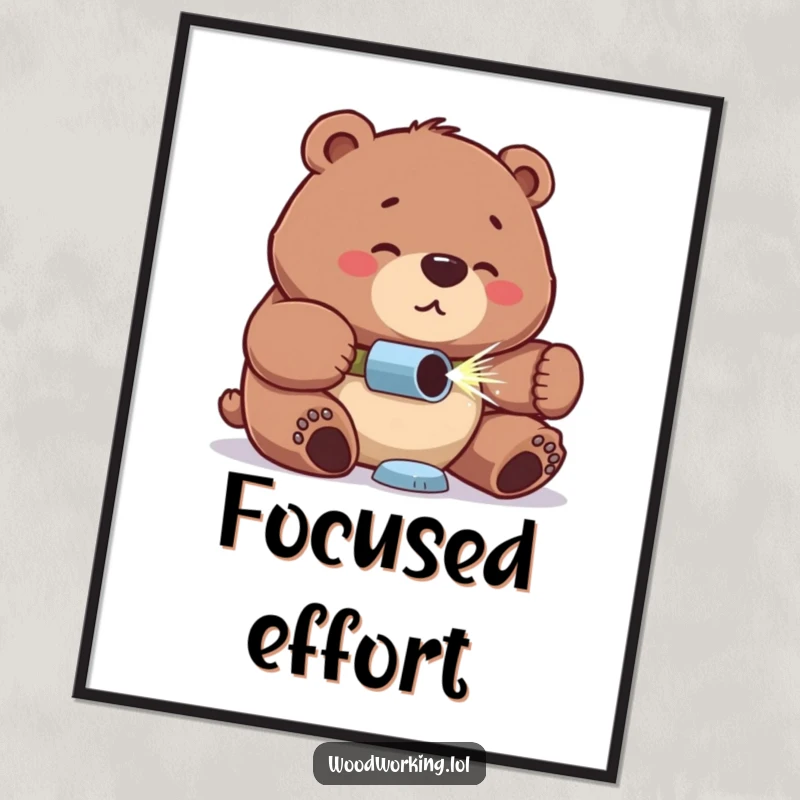 Funny bear poster, proud expression, concentrated look while drilling a hole, a humorous and inspiring depiction of focus.