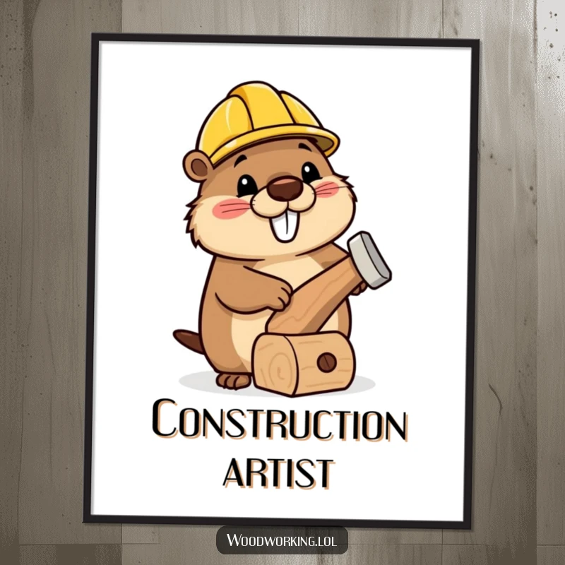 Funny poster of a happy beaver wearing a tiny hard hat, hammering a charmingly wonky wooden toy.