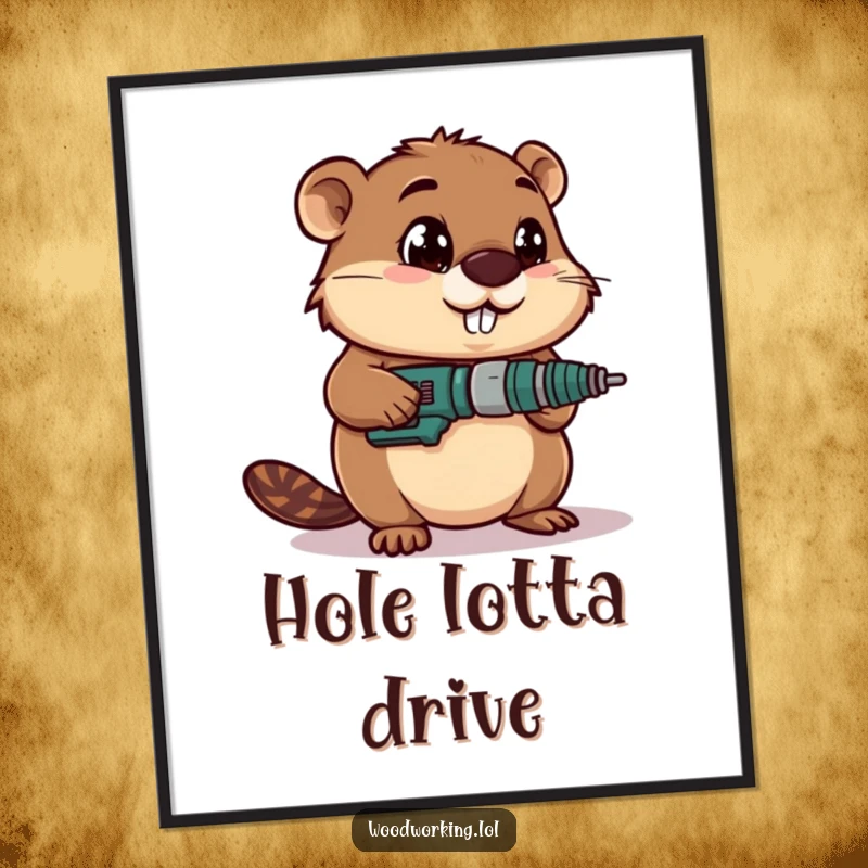 Funny poster featuring a determined beaver with wide-eyed focus using a drill, ideal for workshops and man caves.