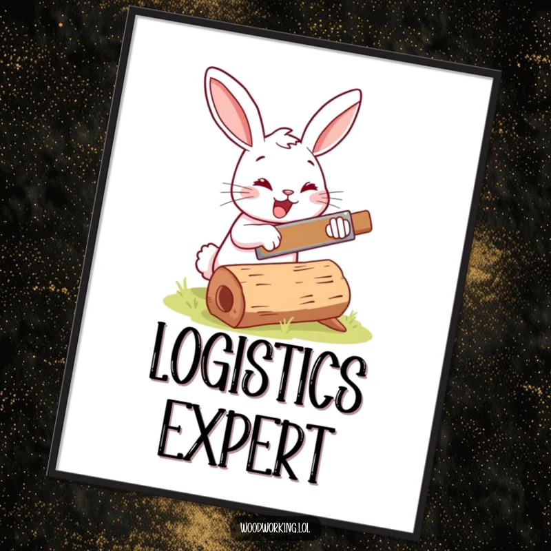 Funny bunny woodworker poster, happily sawing a log with a tiny saw, adding whimsical charm and humor.