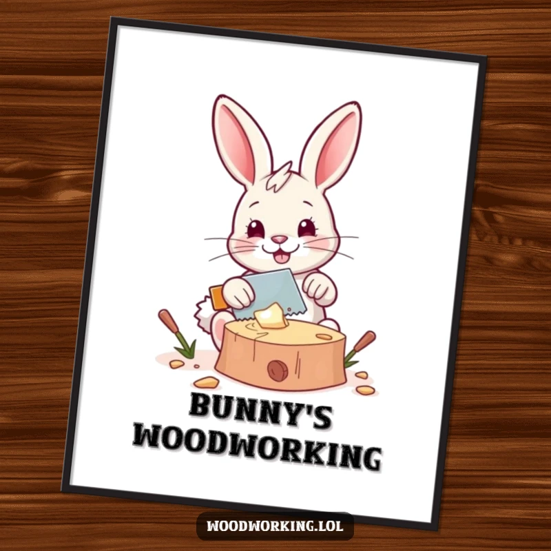 Funny poster: A happy bunny saws a piece of wood with a tiny saw, showcasing DIY dedication and humorous charm for wall art.