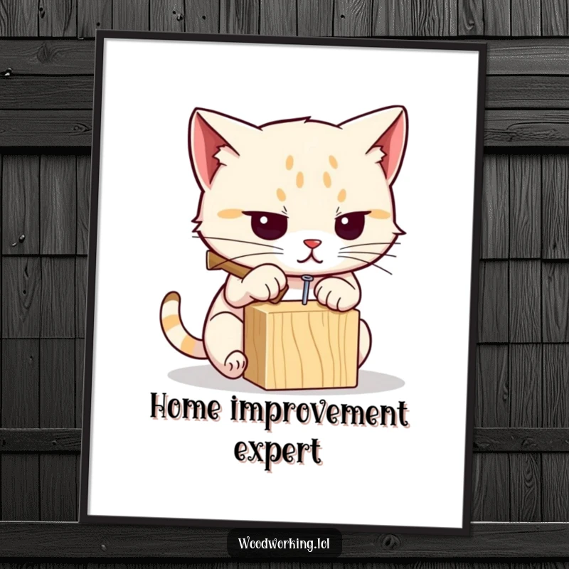 Funny cat poster showing a determined cat hammering a nail into wood, perfect for humorous DIY-themed wall decor.