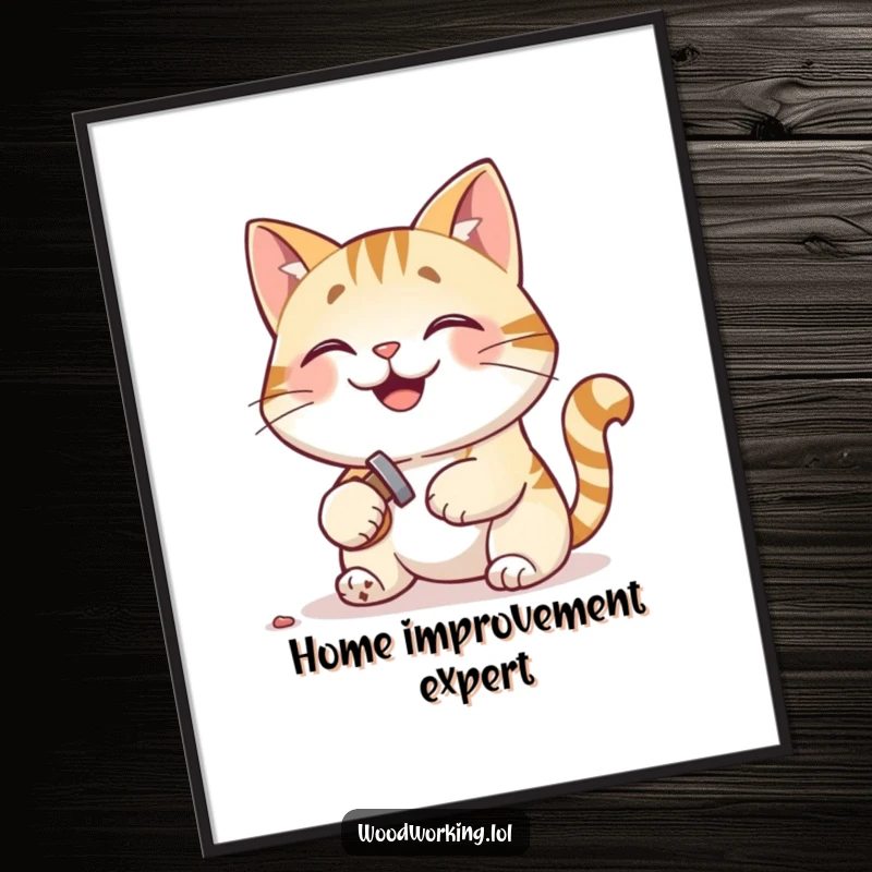 Funny poster print of a smiling cat hammering a tiny nail with a pleased and accomplished expression.
