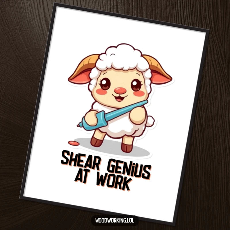 Funny poster art of a cheerful sheep with a screwdriver, looking focused and ready to work, adding humor to wall decor.