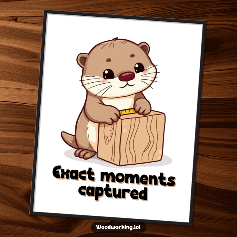 Funny curious otter poster, precisely measuring a block of wood with a tape measure, creating a charming and diligent focal point for any wall.