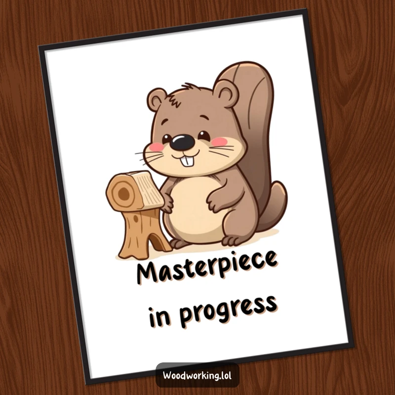 Funny delighted beaver poster, proudly admiring its unfinished wooden creation, creating a charming and proud focal point for any wall.