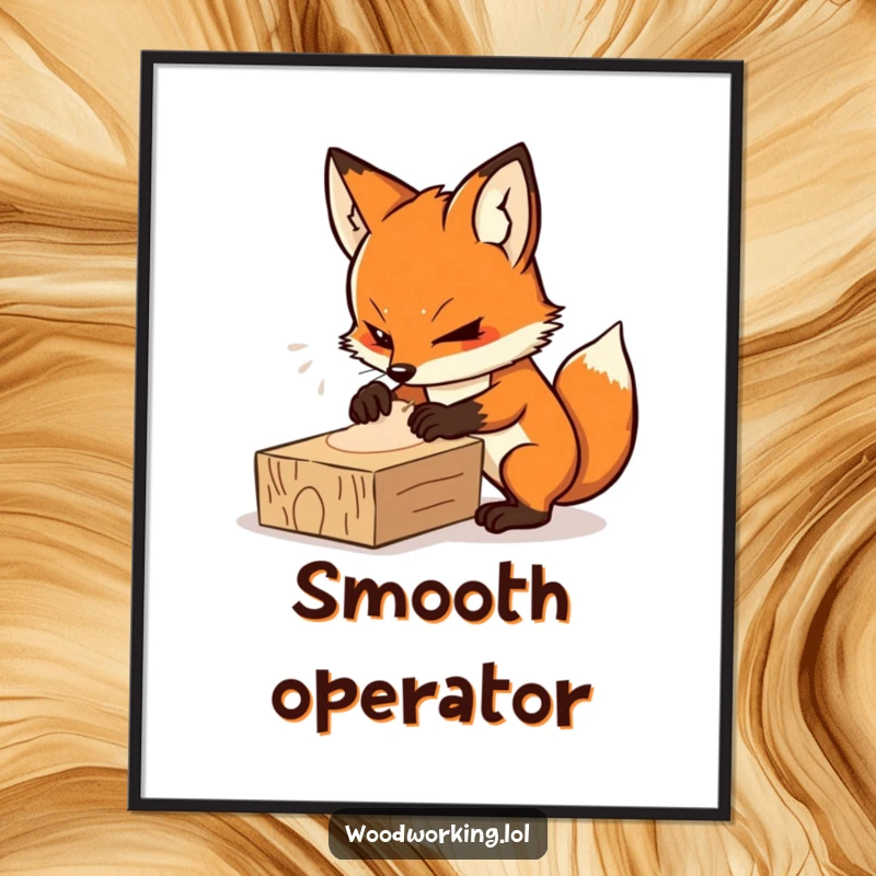 Funny poster of a determined fox intensely focused on sanding a plank of wood, motivational decor.