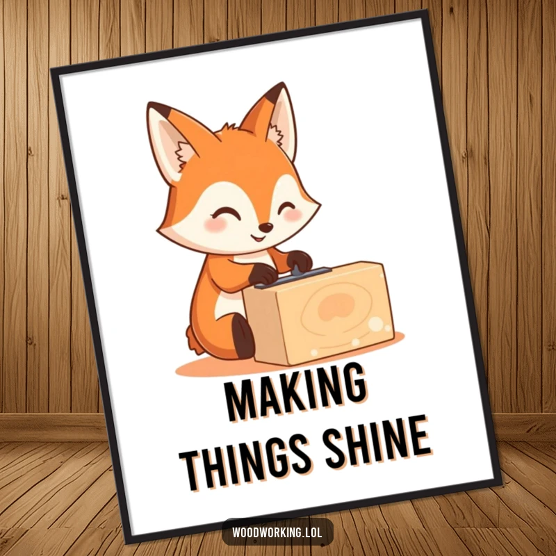 Funny cute fox wearing safety goggles, sanding wood, woodworking theme, humorous wall art, great funny gift.