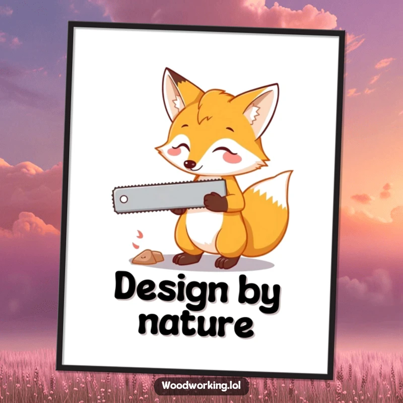 Funny fox poster showing a curious fox holding a saw, planning its next cut with a mischievous and clever expression.