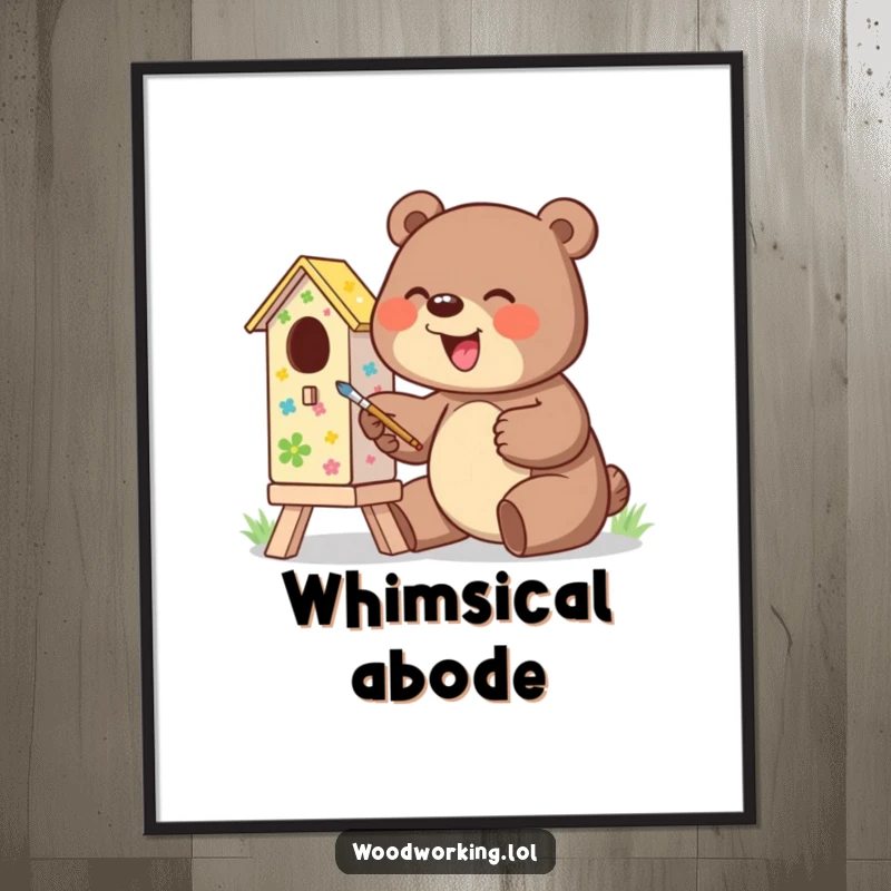 Funny poster of a giggling bear enthusiastically painting a vibrant birdhouse, cheerful wall decor.