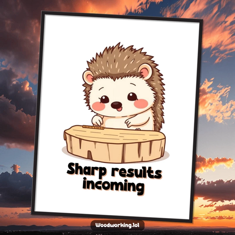 Funny poster print of a happy hedgehog carefully measuring wood, symbolizing precision and crafting.