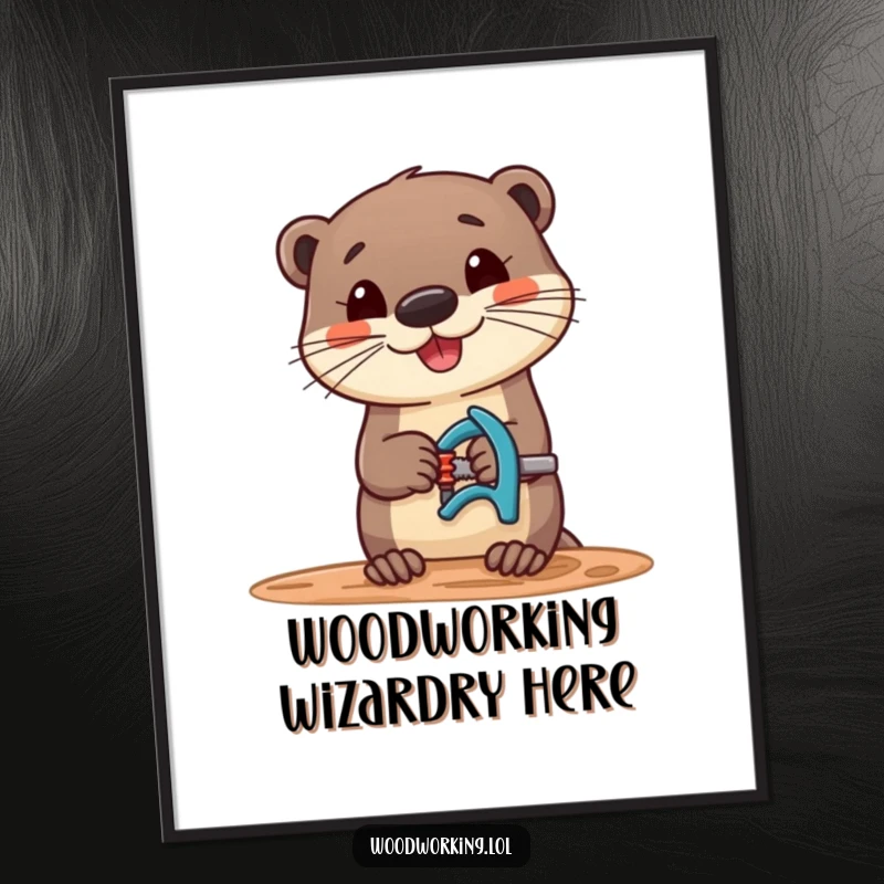 Funny poster showcasing a happy otter using a clamp on wood, celebrating the joy of crafting and DIY.