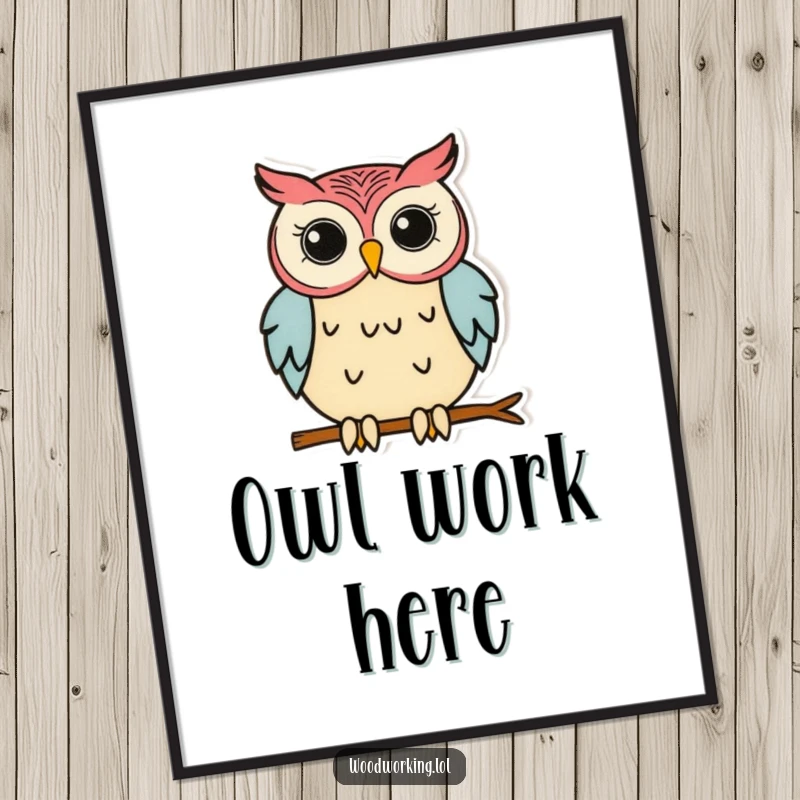 Funny Owl Poster: A focused owl meticulously gluing wood pieces, a humorous depiction of intense crafting concentration.