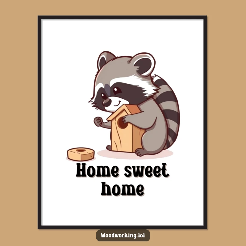 Funny Raccoon Sanding Birdhouse Poster: Curious Carpenter Wall Art for Workshops