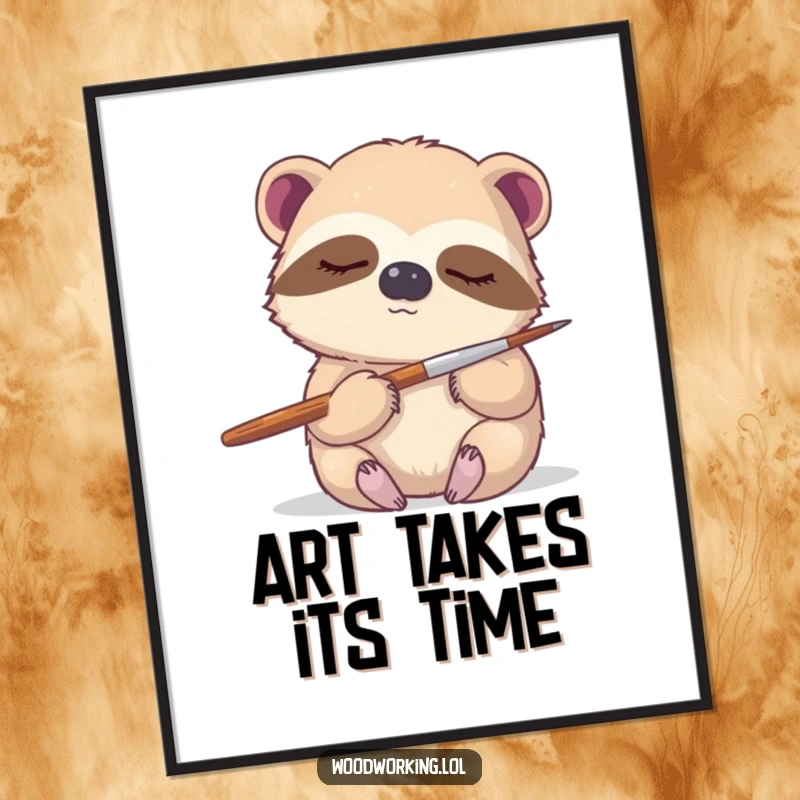 Funny sloth poster, a sleepy sloth gently holding a paintbrush, radiating calm artistic energy and thoughtful creation.