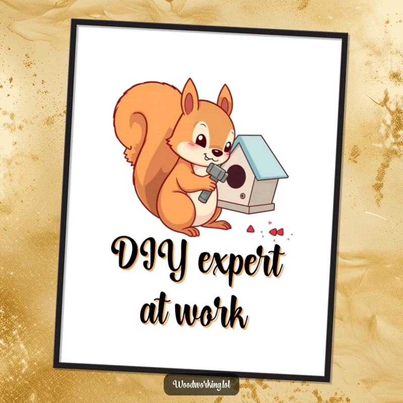 Funny determined squirrel hammering nails into a tiny birdhouse, ideal for wall art.