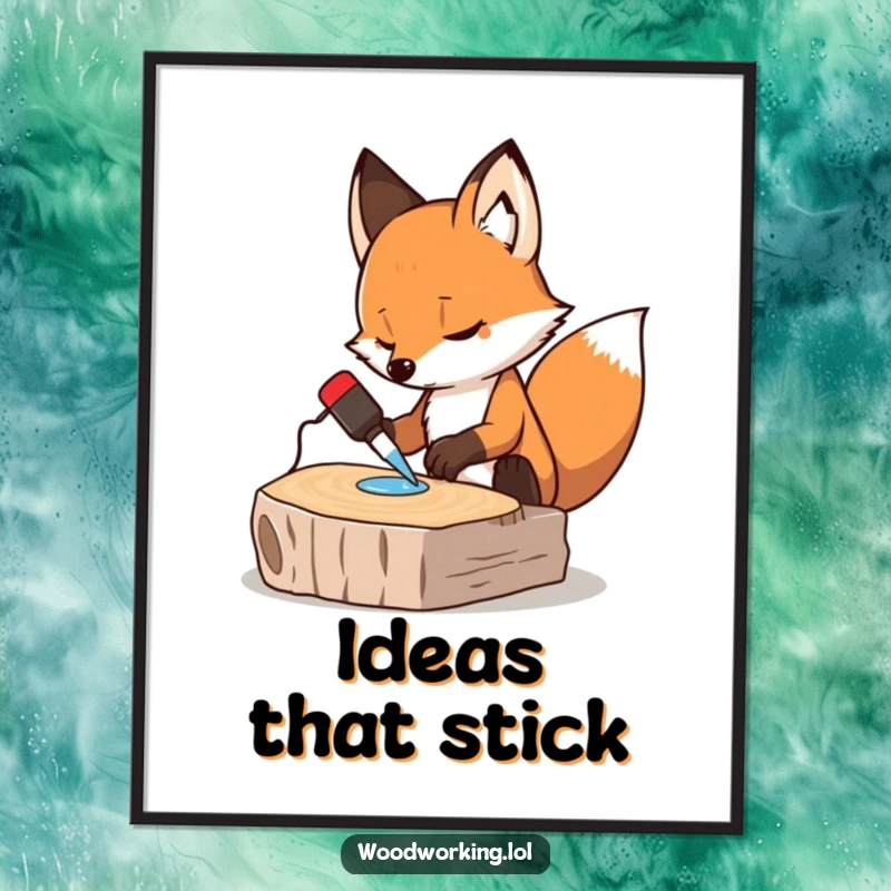 Funny poster: a determined fox engrossed in gluing wood, embodying the spirit of DIY and humor for wall decor.