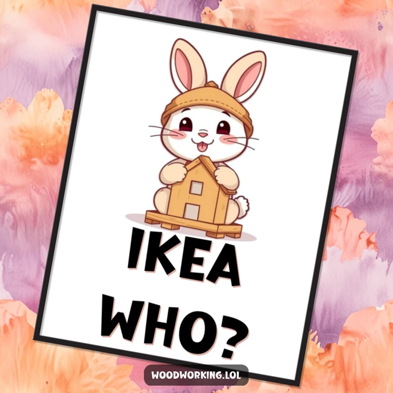 Funny poster art of a brave rabbit smiling while assembling a tiny wooden structure, celebrating determination and crafts.